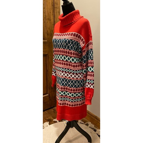 Crown & Ivy Sweater Dress Size Large Red Green Navy Fair Isle Look 60 % Cotton - Picture 5 of 12